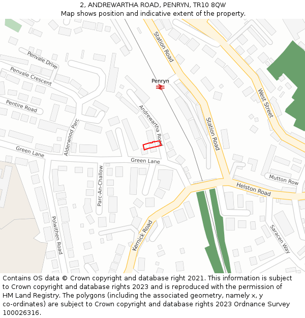 2, ANDREWARTHA ROAD, PENRYN, TR10 8QW: Location map and indicative extent of plot