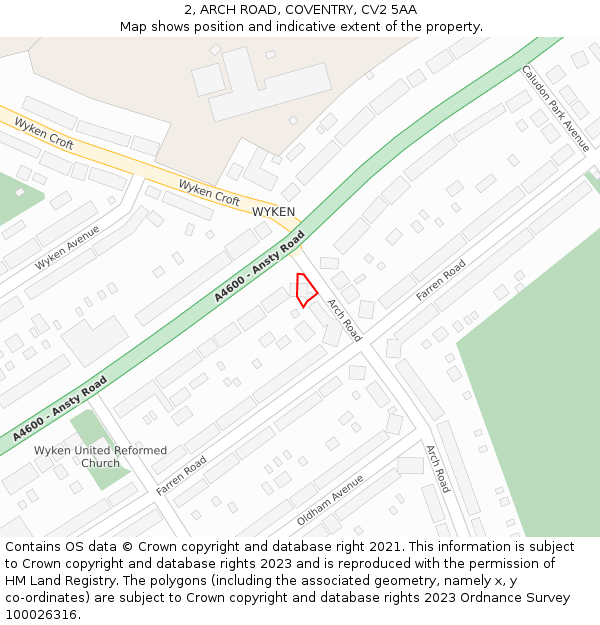 2, ARCH ROAD, COVENTRY, CV2 5AA: Location map and indicative extent of plot