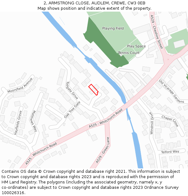 2, ARMSTRONG CLOSE, AUDLEM, CREWE, CW3 0EB: Location map and indicative extent of plot