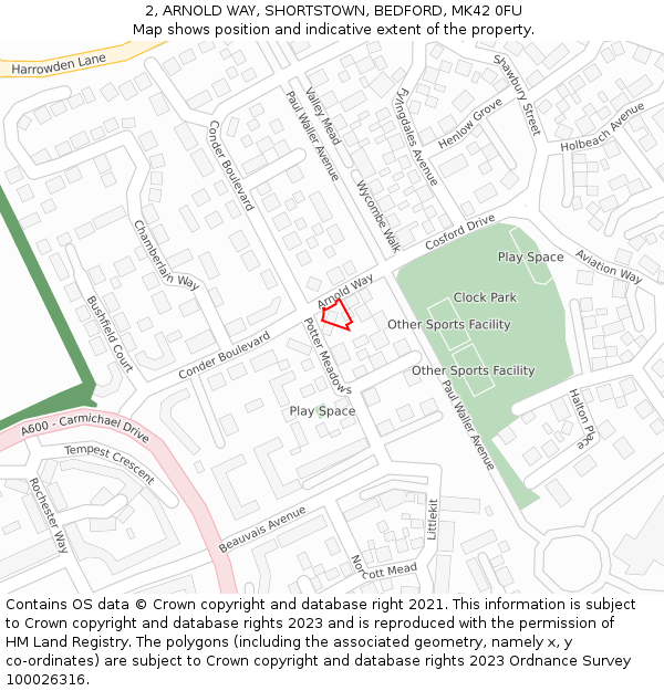 2, ARNOLD WAY, SHORTSTOWN, BEDFORD, MK42 0FU: Location map and indicative extent of plot