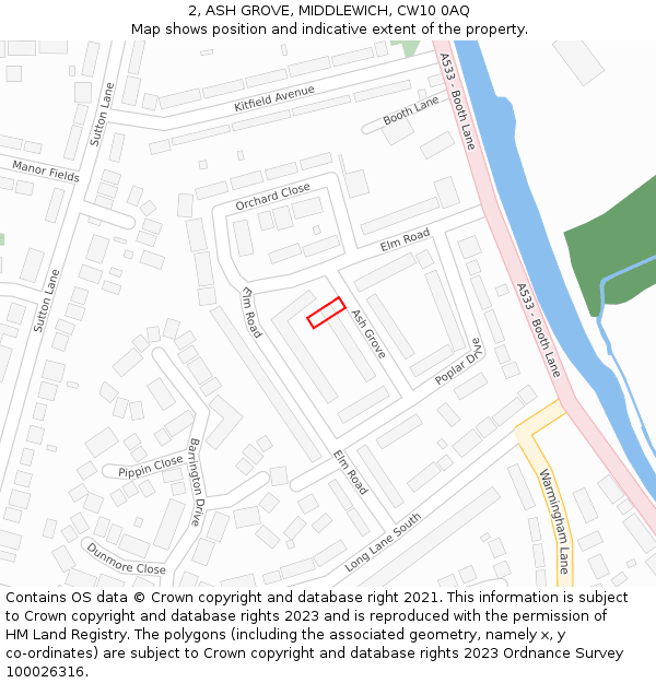 2, ASH GROVE, MIDDLEWICH, CW10 0AQ: Location map and indicative extent of plot
