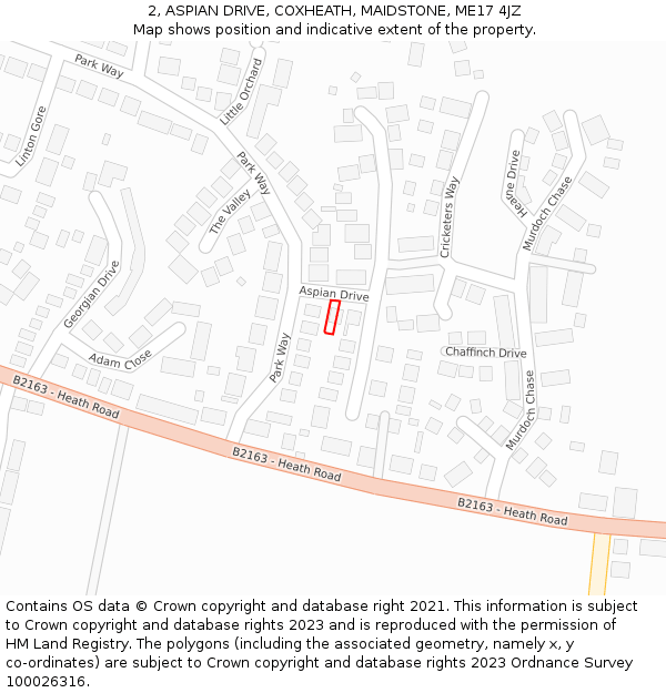 2, ASPIAN DRIVE, COXHEATH, MAIDSTONE, ME17 4JZ: Location map and indicative extent of plot