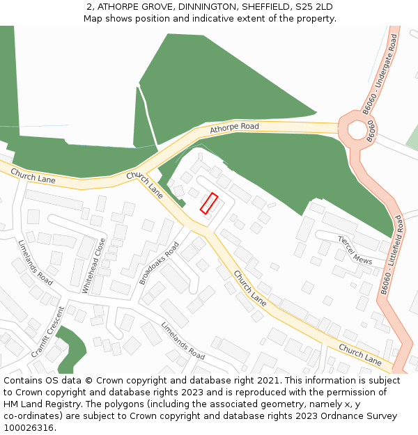 2, ATHORPE GROVE, DINNINGTON, SHEFFIELD, S25 2LD: Location map and indicative extent of plot