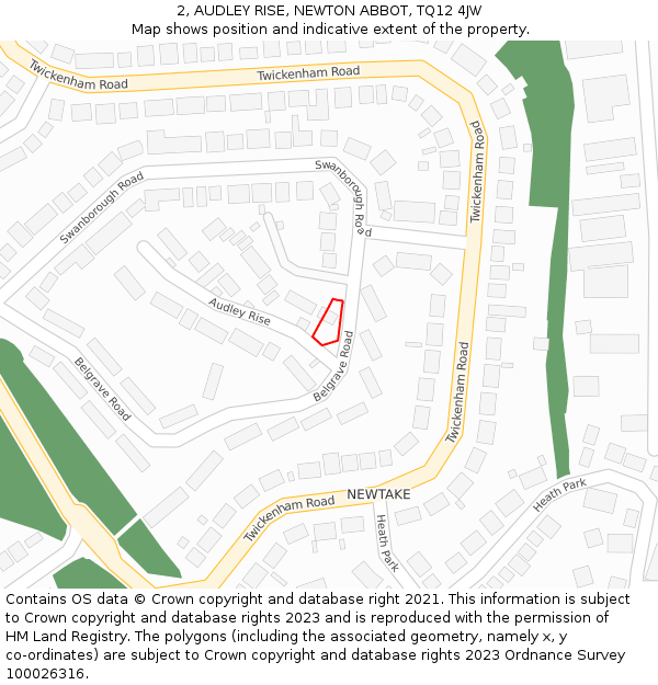 2, AUDLEY RISE, NEWTON ABBOT, TQ12 4JW: Location map and indicative extent of plot