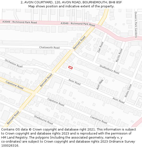 2, AVON COURTYARD, 120, AVON ROAD, BOURNEMOUTH, BH8 8SF: Location map and indicative extent of plot