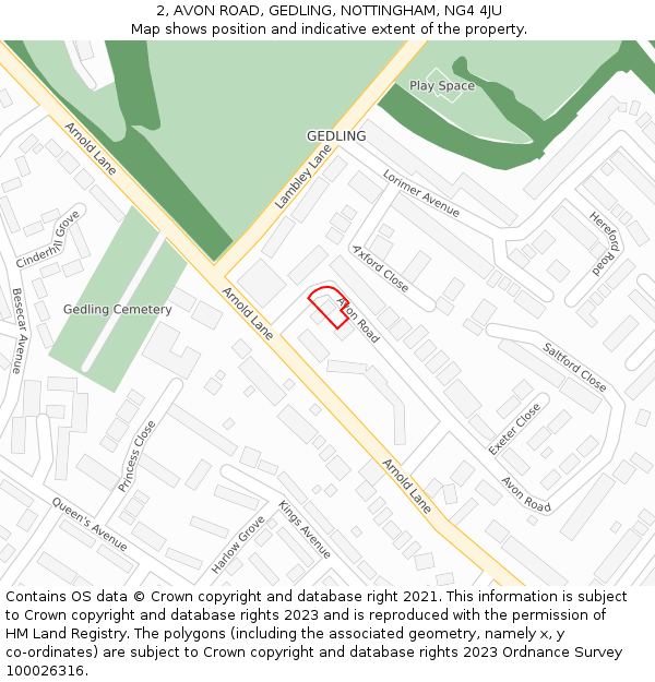 2, AVON ROAD, GEDLING, NOTTINGHAM, NG4 4JU: Location map and indicative extent of plot