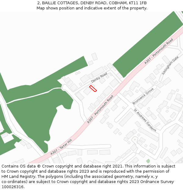 2, BAILLIE COTTAGES, DENBY ROAD, COBHAM, KT11 1FB: Location map and indicative extent of plot