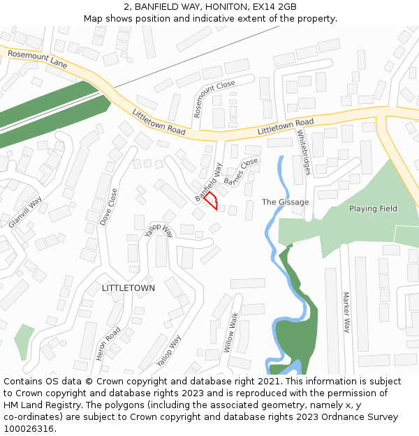 2, BANFIELD WAY, HONITON, EX14 2GB: Location map and indicative extent of plot
