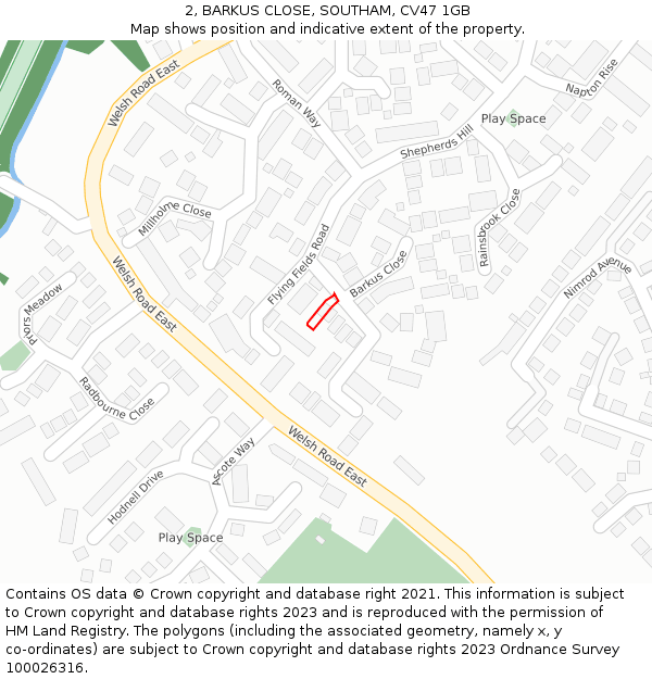 2, BARKUS CLOSE, SOUTHAM, CV47 1GB: Location map and indicative extent of plot