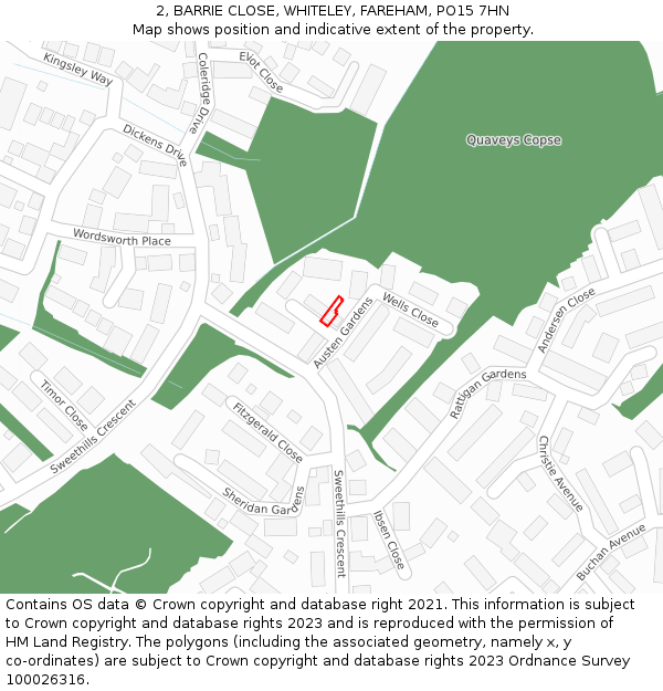 2, BARRIE CLOSE, WHITELEY, FAREHAM, PO15 7HN: Location map and indicative extent of plot