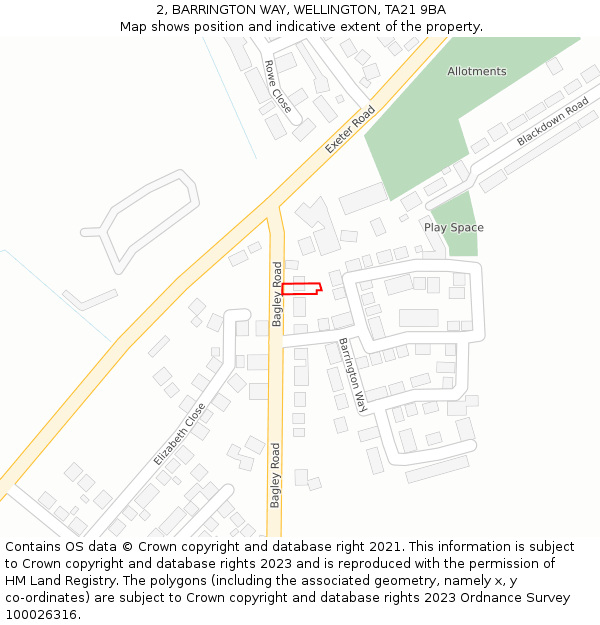 2, BARRINGTON WAY, WELLINGTON, TA21 9BA: Location map and indicative extent of plot