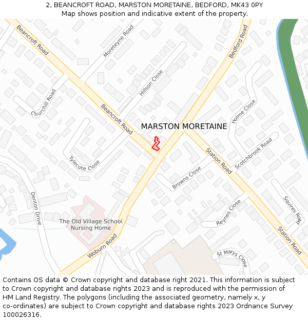 2, BEANCROFT ROAD, MARSTON MORETAINE, BEDFORD, MK43 0PY: Location map and indicative extent of plot