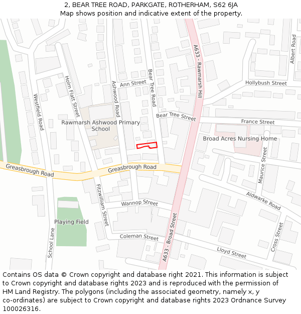 2, BEAR TREE ROAD, PARKGATE, ROTHERHAM, S62 6JA: Location map and indicative extent of plot