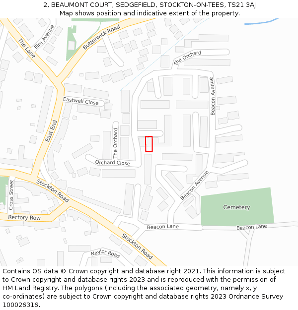 2, BEAUMONT COURT, SEDGEFIELD, STOCKTON-ON-TEES, TS21 3AJ: Location map and indicative extent of plot