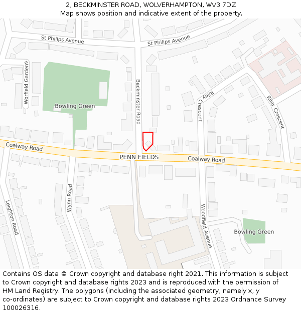 2, BECKMINSTER ROAD, WOLVERHAMPTON, WV3 7DZ: Location map and indicative extent of plot