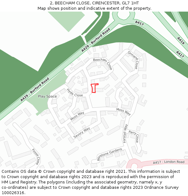 2, BEECHAM CLOSE, CIRENCESTER, GL7 1HT: Location map and indicative extent of plot