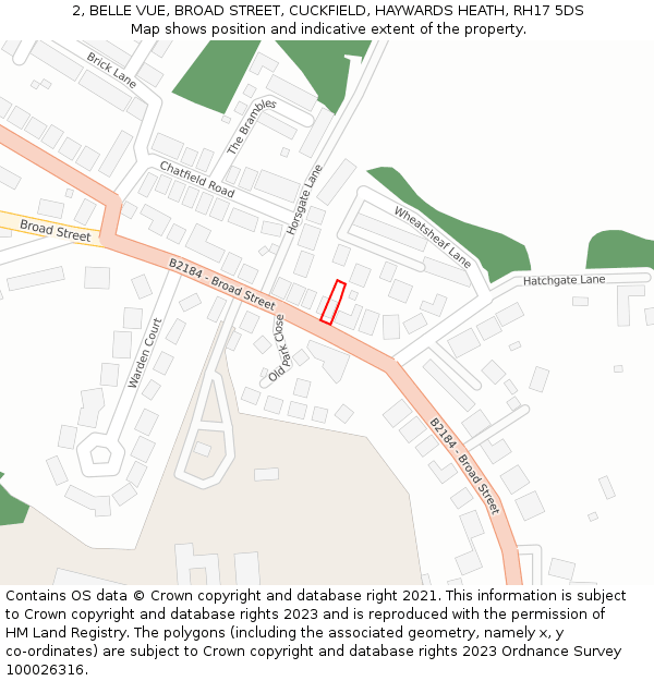 2, BELLE VUE, BROAD STREET, CUCKFIELD, HAYWARDS HEATH, RH17 5DS: Location map and indicative extent of plot