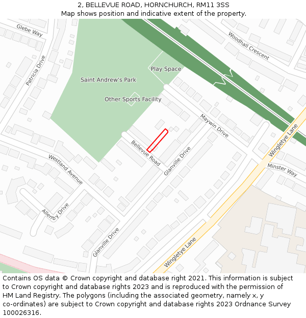 2, BELLEVUE ROAD, HORNCHURCH, RM11 3SS: Location map and indicative extent of plot