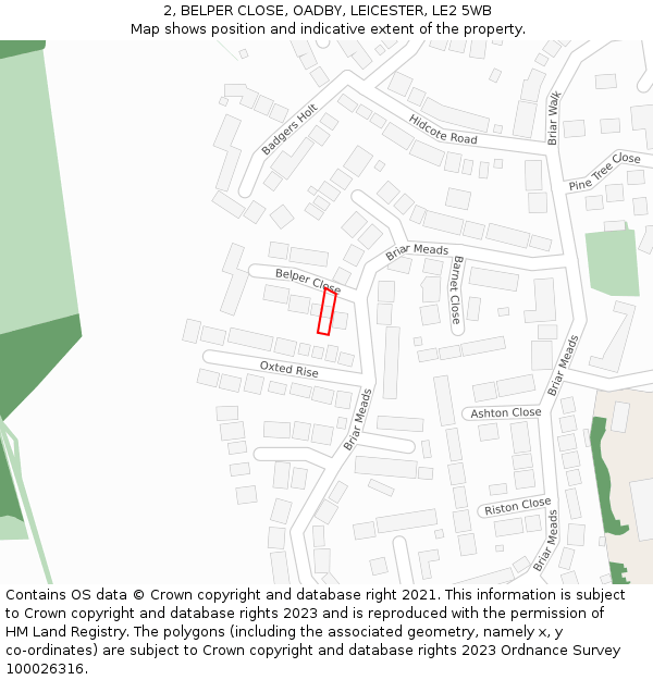 2, BELPER CLOSE, OADBY, LEICESTER, LE2 5WB: Location map and indicative extent of plot