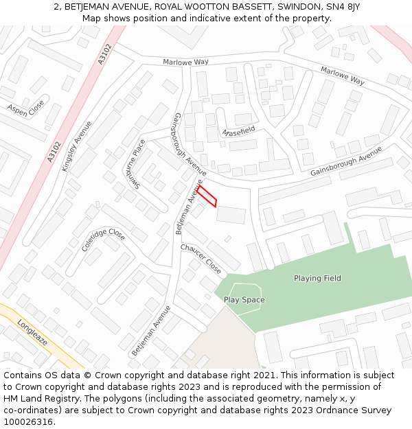 2, BETJEMAN AVENUE, ROYAL WOOTTON BASSETT, SWINDON, SN4 8JY: Location map and indicative extent of plot