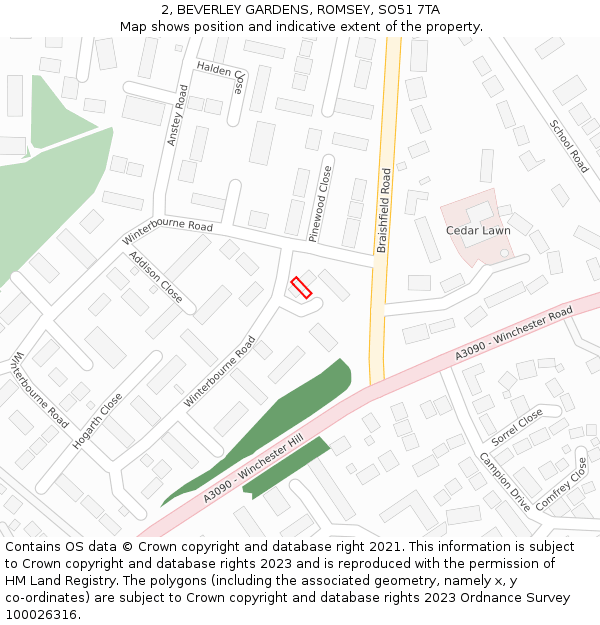 2, BEVERLEY GARDENS, ROMSEY, SO51 7TA: Location map and indicative extent of plot