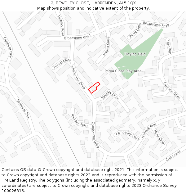 2, BEWDLEY CLOSE, HARPENDEN, AL5 1QX: Location map and indicative extent of plot