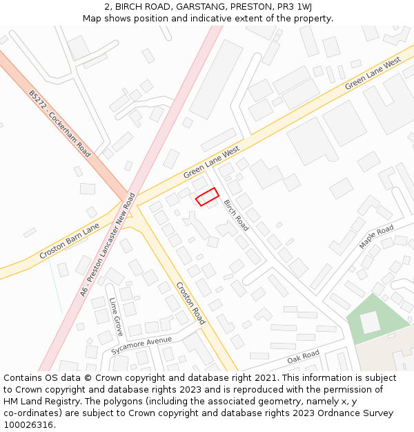 2, BIRCH ROAD, GARSTANG, PRESTON, PR3 1WJ: Location map and indicative extent of plot