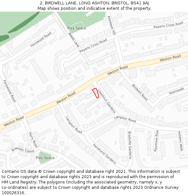 2, BIRDWELL LANE, LONG ASHTON, BRISTOL, BS41 9AJ: Location map and indicative extent of plot