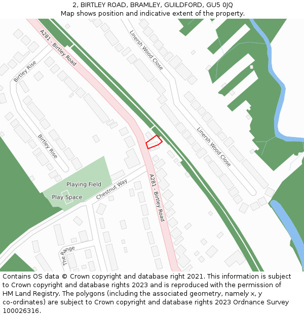 2, BIRTLEY ROAD, BRAMLEY, GUILDFORD, GU5 0JQ: Location map and indicative extent of plot