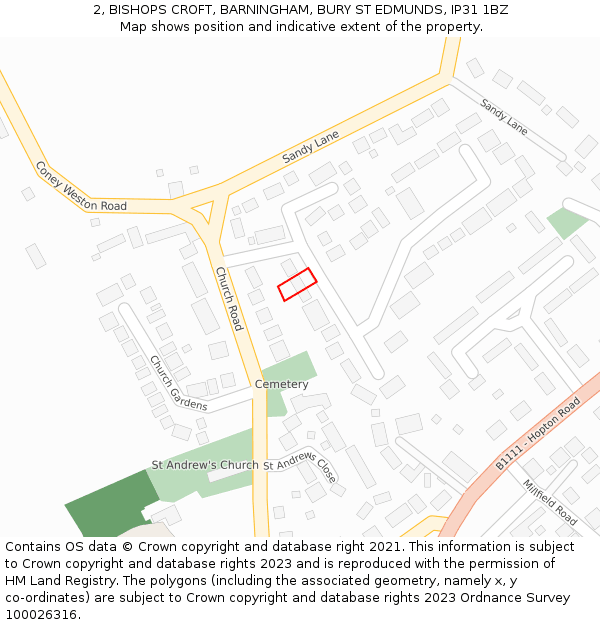 2, BISHOPS CROFT, BARNINGHAM, BURY ST EDMUNDS, IP31 1BZ: Location map and indicative extent of plot