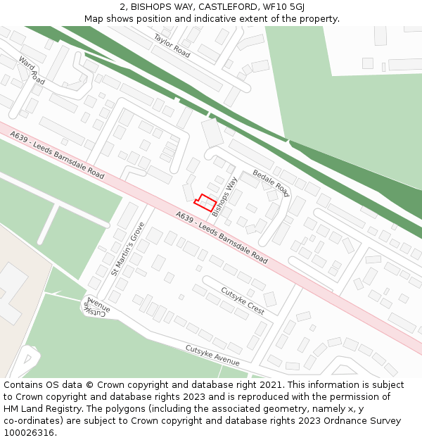 2, BISHOPS WAY, CASTLEFORD, WF10 5GJ: Location map and indicative extent of plot