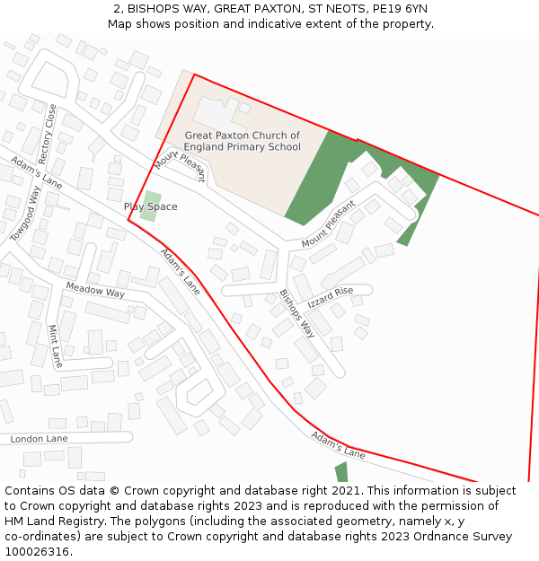 2, BISHOPS WAY, GREAT PAXTON, ST NEOTS, PE19 6YN: Location map and indicative extent of plot