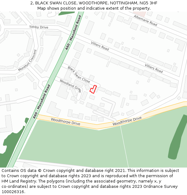 2, BLACK SWAN CLOSE, WOODTHORPE, NOTTINGHAM, NG5 3HF: Location map and indicative extent of plot