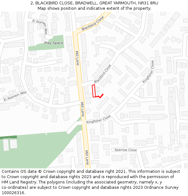 2, BLACKBIRD CLOSE, BRADWELL, GREAT YARMOUTH, NR31 8RU: Location map and indicative extent of plot