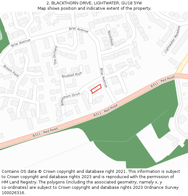 2, BLACKTHORN DRIVE, LIGHTWATER, GU18 5YW: Location map and indicative extent of plot