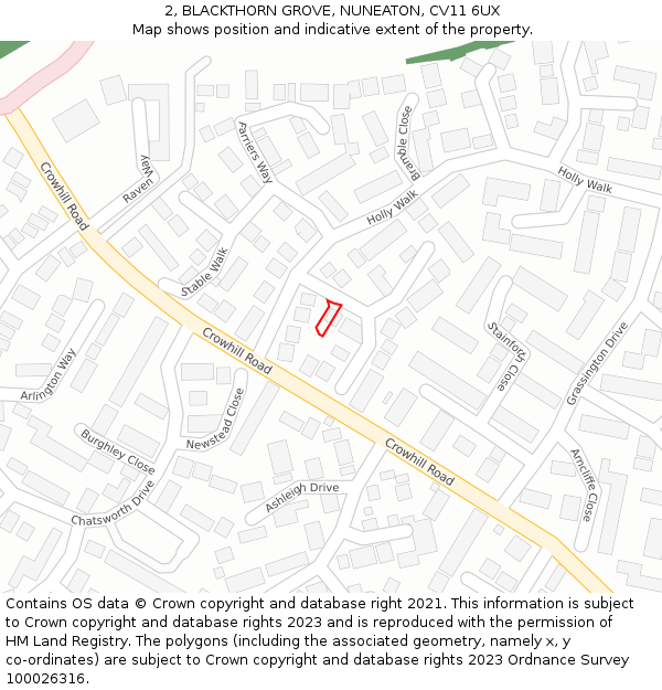 2, BLACKTHORN GROVE, NUNEATON, CV11 6UX: Location map and indicative extent of plot
