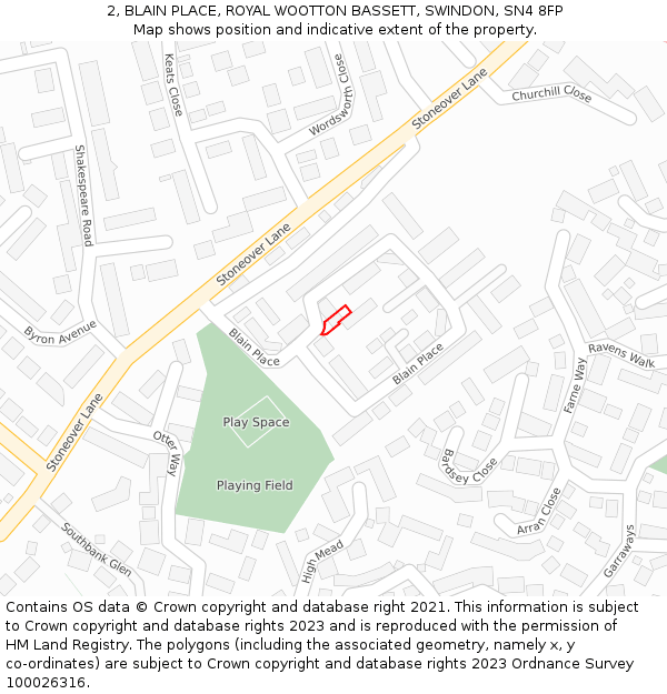 2, BLAIN PLACE, ROYAL WOOTTON BASSETT, SWINDON, SN4 8FP: Location map and indicative extent of plot