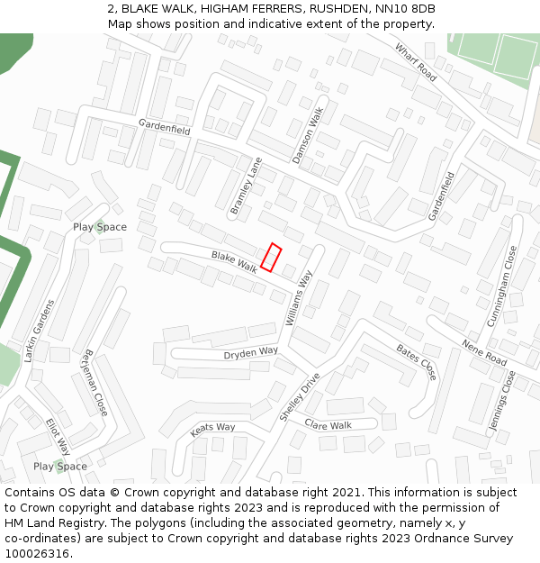 2, BLAKE WALK, HIGHAM FERRERS, RUSHDEN, NN10 8DB: Location map and indicative extent of plot