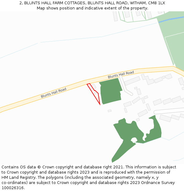 2, BLUNTS HALL FARM COTTAGES, BLUNTS HALL ROAD, WITHAM, CM8 1LX: Location map and indicative extent of plot