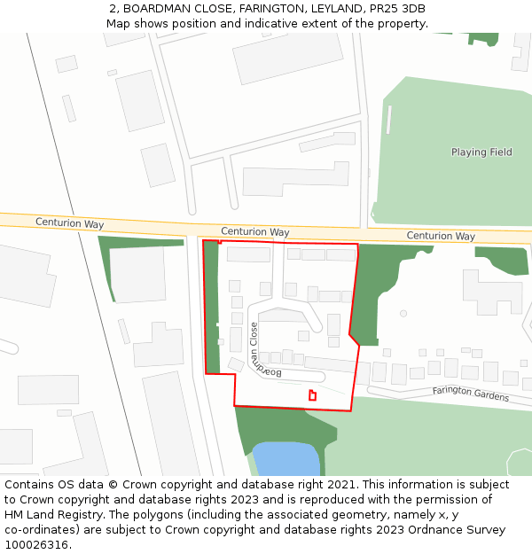 2, BOARDMAN CLOSE, FARINGTON, LEYLAND, PR25 3DB: Location map and indicative extent of plot