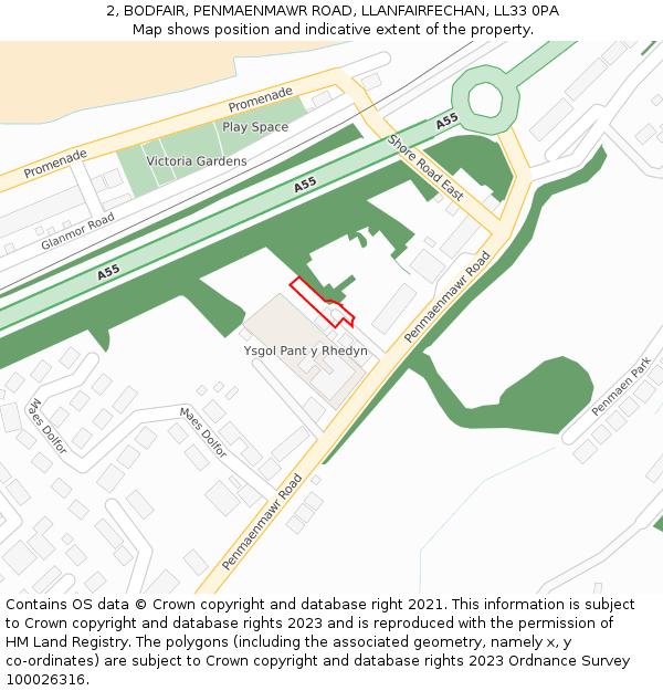 2, BODFAIR, PENMAENMAWR ROAD, LLANFAIRFECHAN, LL33 0PA: Location map and indicative extent of plot