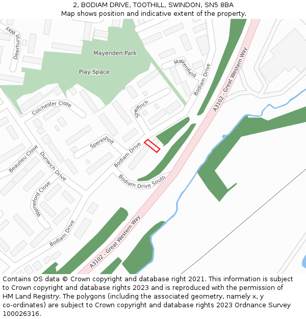 2, BODIAM DRIVE, TOOTHILL, SWINDON, SN5 8BA: Location map and indicative extent of plot