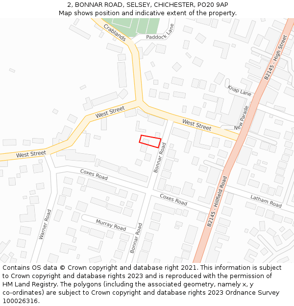 2, BONNAR ROAD, SELSEY, CHICHESTER, PO20 9AP: Location map and indicative extent of plot