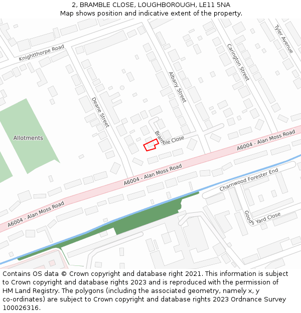 2, BRAMBLE CLOSE, LOUGHBOROUGH, LE11 5NA: Location map and indicative extent of plot