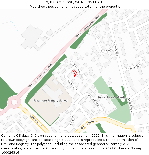 2, BREAM CLOSE, CALNE, SN11 9UF: Location map and indicative extent of plot