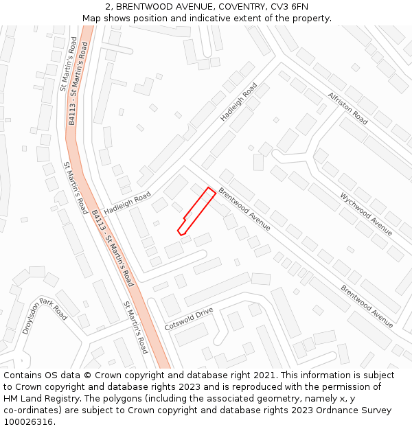 2, BRENTWOOD AVENUE, COVENTRY, CV3 6FN: Location map and indicative extent of plot