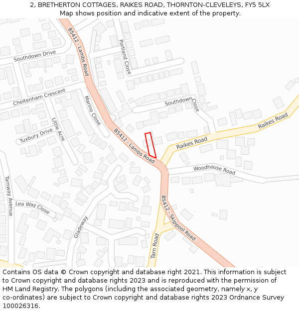 2, BRETHERTON COTTAGES, RAIKES ROAD, THORNTON-CLEVELEYS, FY5 5LX: Location map and indicative extent of plot