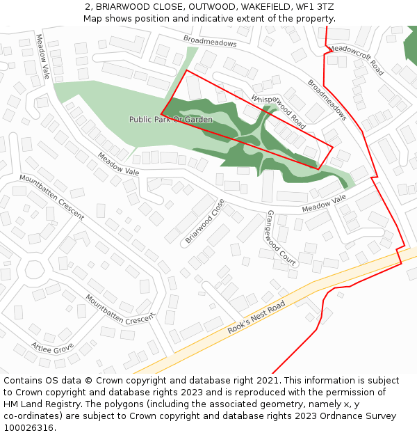 2, BRIARWOOD CLOSE, OUTWOOD, WAKEFIELD, WF1 3TZ: Location map and indicative extent of plot