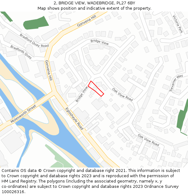 2, BRIDGE VIEW, WADEBRIDGE, PL27 6BY: Location map and indicative extent of plot