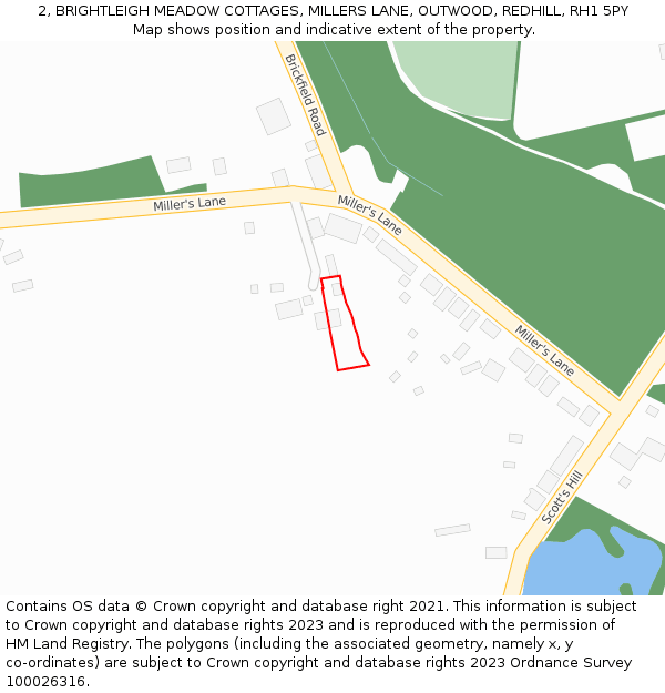 2, BRIGHTLEIGH MEADOW COTTAGES, MILLERS LANE, OUTWOOD, REDHILL, RH1 5PY: Location map and indicative extent of plot